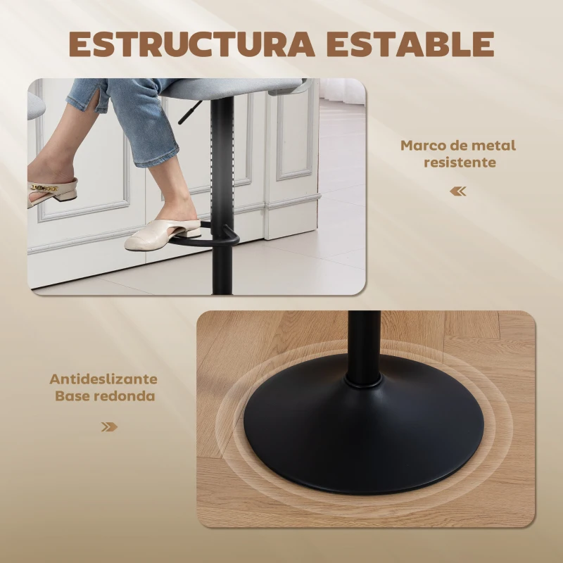 HOMCOM Juego de 2 Taburetes de Bar Giratorios en 360° Regulables en Altura de 84-105 cm Respaldo Hueco Reposapiés Gris