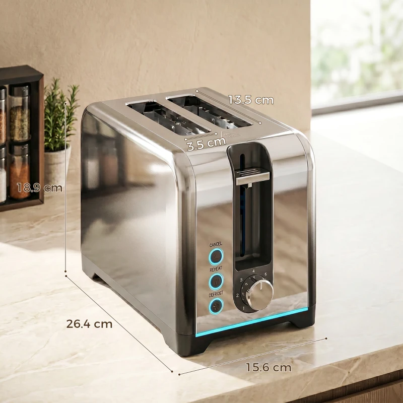 HOMCOM 2 Slice Toaster with 7 Browning Levels, Reheat, Defrost and Cancel Functions