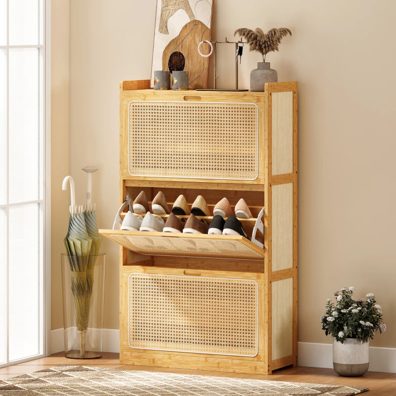 HOMCOM Zapatero Estrecho de Bambú con 3 Cajones Abatibles de Ratán para 18-21 Pares de Zapatos 69x29x119,8 cm Natural