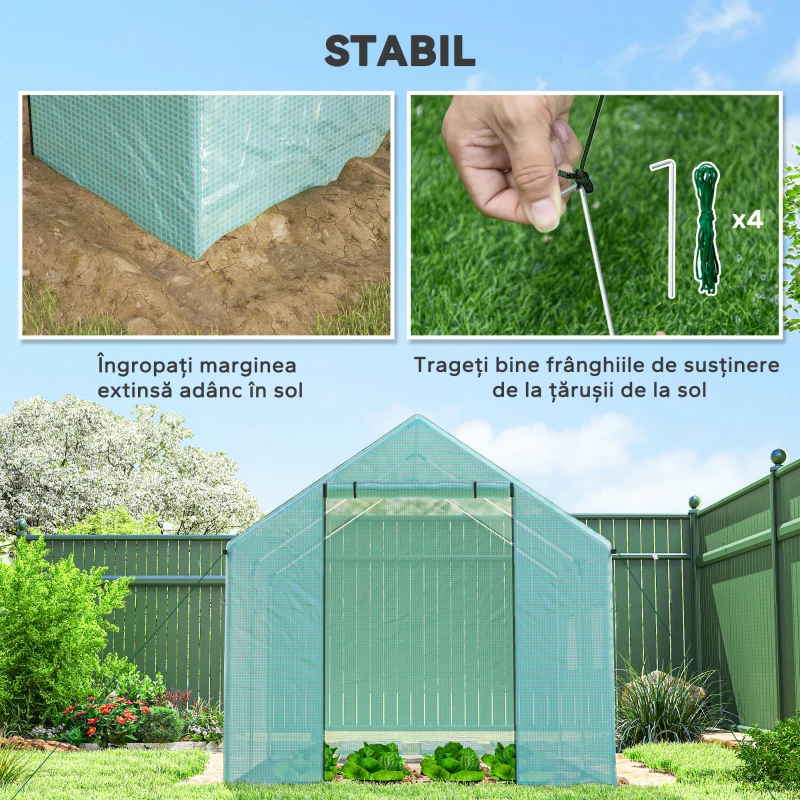 Outsunny Seră de Grădină Tip Tunel 2x3x2 m cu Uși și Ferestre Rulabile, Seră pentru Grădină cu Acoperiș Înclinat, Structură din Oțel și Acoperire PE, pentru Legume, Flori, Fructe, Anti-UV, Verde
