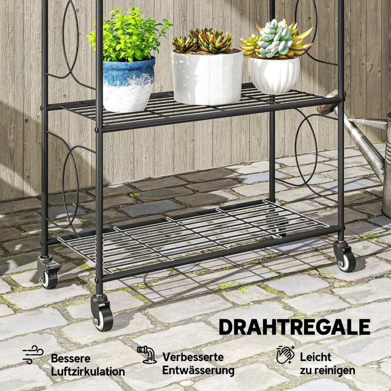 Outsunny Pflanzenständer aus Metall mit 4 Ebenen, robustes Leiterregal für Blumentöpfe mit feststellbaren Rädern