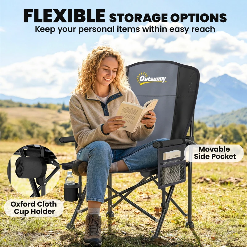 Outsunny Padded Camping Chair Adults Heavy Duty Folding Chair Side Pocket Cup Holder Carry Bag Outdoor Black