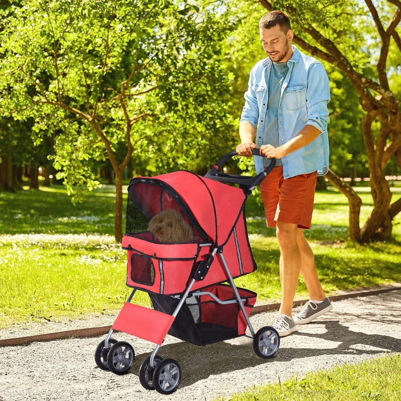 PawHut Poussette buggy pliable animaux chariot pliante chien chat porte-gobelet panier de rangement inclus roues avec frein tissu 600D Oxford acier 75 x 45 x 97 cm rouge