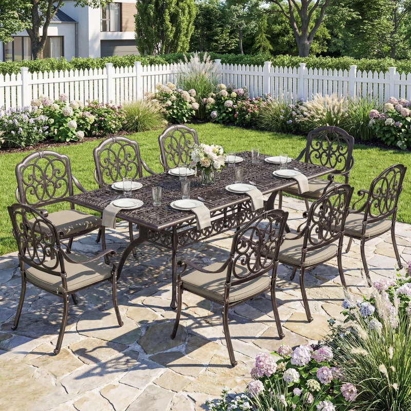 Outsunny 9 Piece Cast Aluminium Garden Dining Set, Garden Table and Chairs Set with Cushions, Parasol Hole for Patio, Bronze Tone