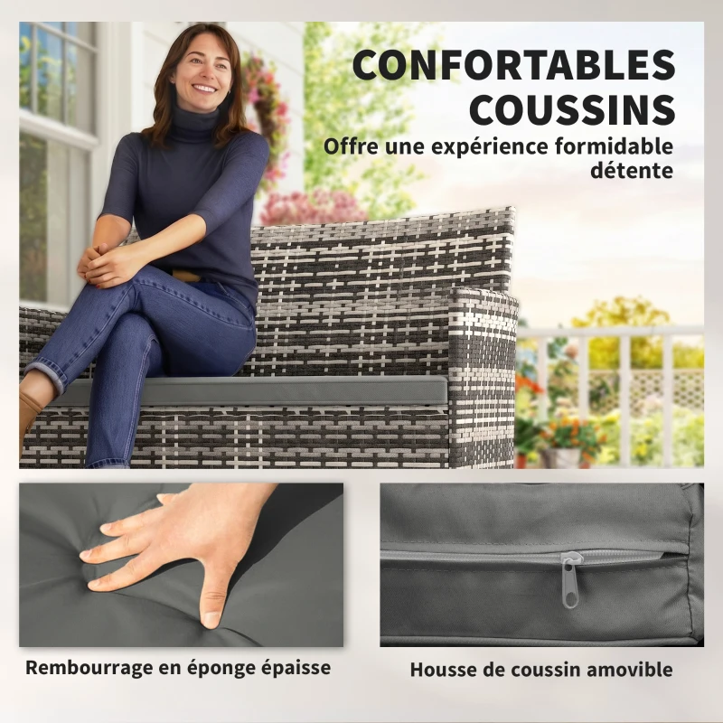 Outsunny Canapé de jardin 2 places en résine tressée avec coussins canapé d'extérieur avec accoudoirs 115 x 63 x 85 cm gris clair