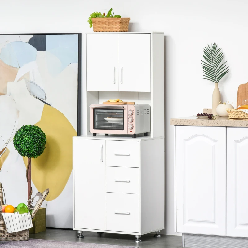 HOMCOM Küchenschrank Hochschrank mit 2 Türen Regal Mikrowellenregal Küchenbuffet mit unterem Aufbewahrungsschrank und 3 Schubladen Kommode Spanplatte Stahl Weiß 60 x 40 x 160 cm