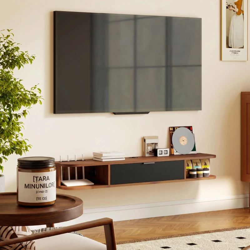 HOMCOM Mobilier TV Suspendat, Suport TV pentru Televizoare până la 50", cu Sertar Rabatabil, 2 Rafturi Deschise și Orificiu pentru Cabluri, Mobilier pentru Living, Dormitor și Cameră de Zi, 120x24x16 cm, Nuc