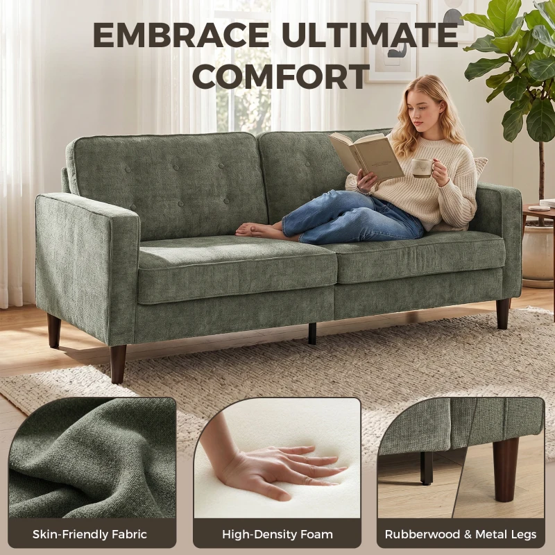 HOMCOM 3 Seater Sofa Button Tufted Upholstered Couch with Wood Legs for Living Room, Green