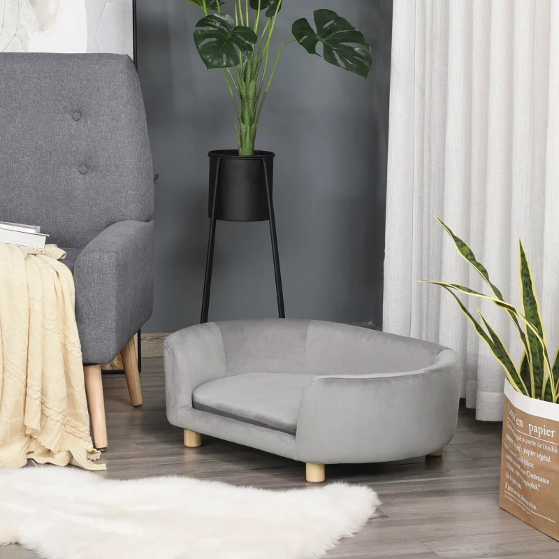 PawHut Sofá para Perros Pequeños con Patas de Madera Funda Lavable y Cojín Desmontable 86x55x33 cm Gris Claro