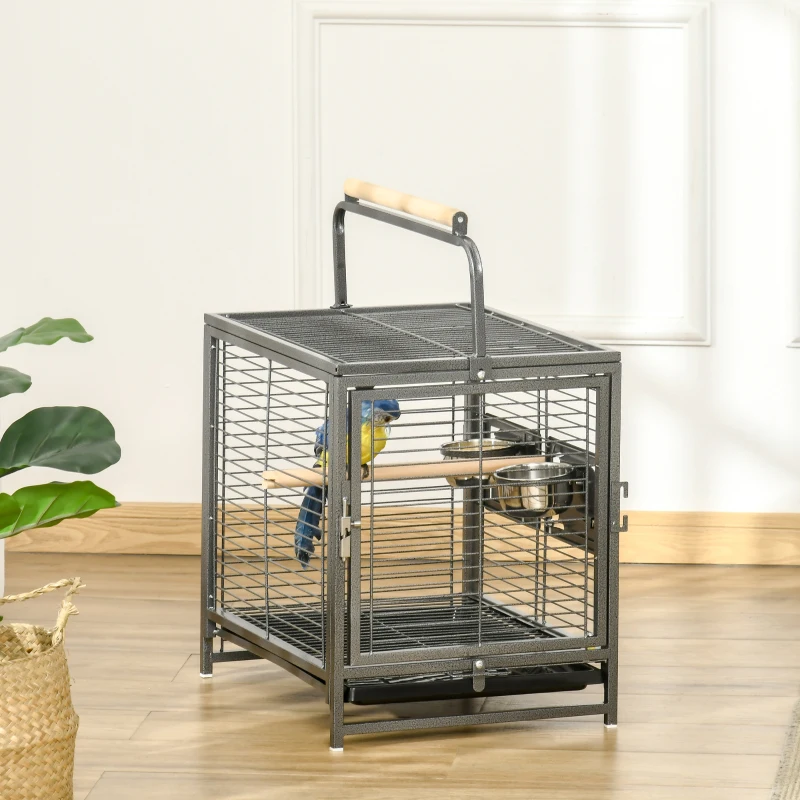 PawHut Cage de transport en acier pour perroquets, cage à oiseaux avec 2 bols en acier inoxydable, 2 perchoirs, plateau, noir