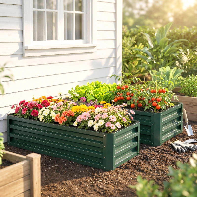 Outsunny Set of Two 110 x 65cm Steel Planter Boxes - Green