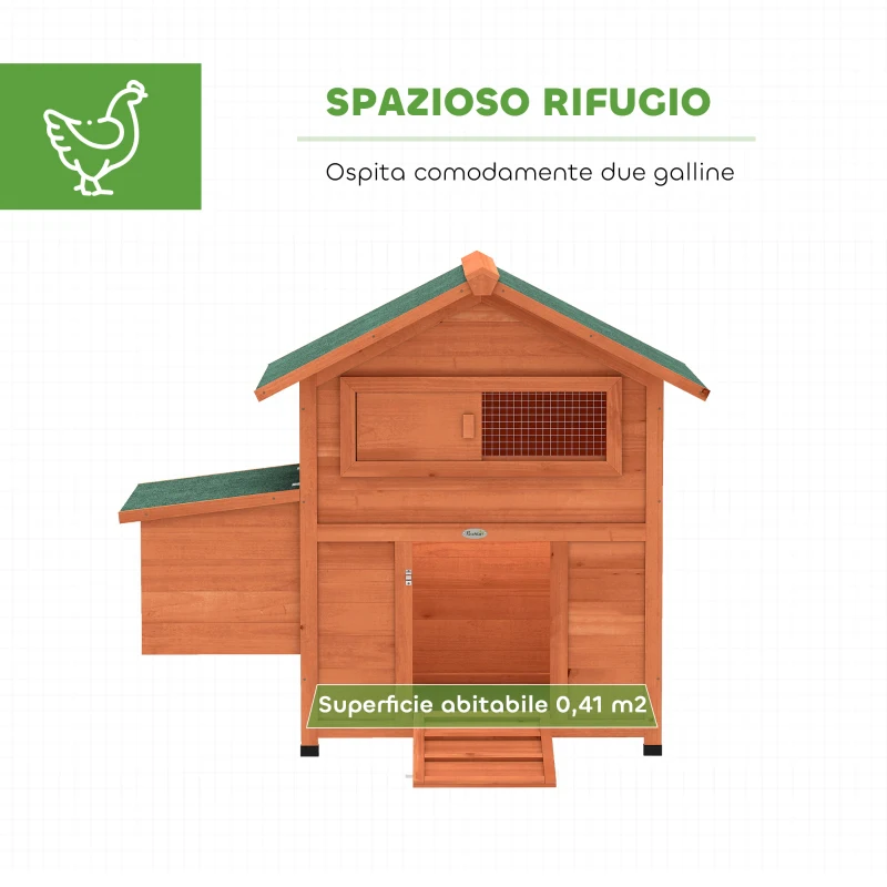 PawHut Pollaio in Legno con Nido, Tetto Impermeabile, Vassoio Estraibile, 2 Trespoli, Rampa, Finestra, per 2 Galline, Anatre,Arancione