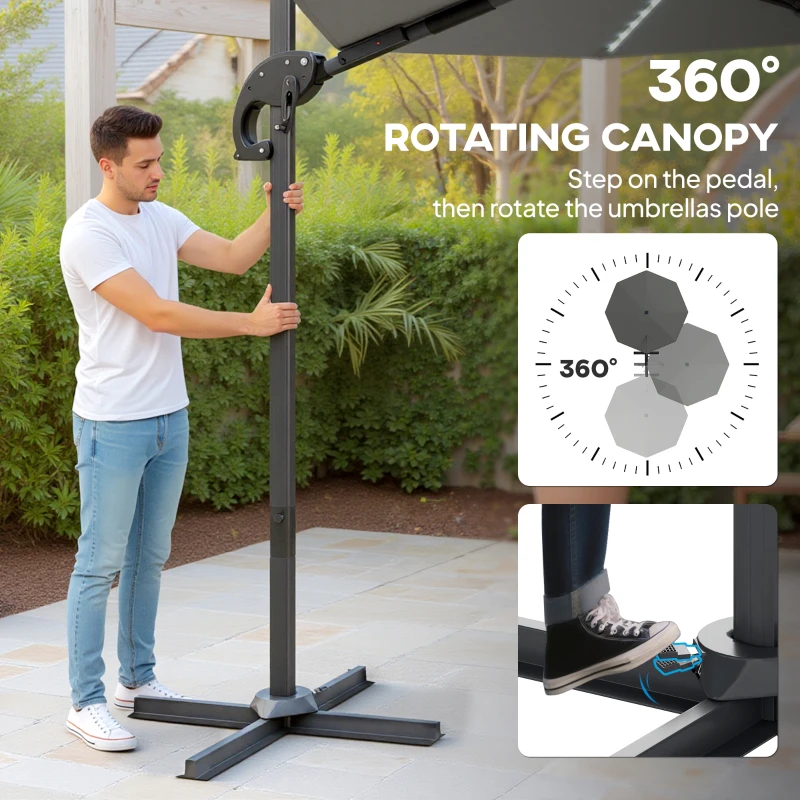 Outsunny 3(m) Cantilever Garden Parasol with Solar Powered Lights, Crank Handle & Cross Base, UPF 50+, 360° Rotation, Dark Grey