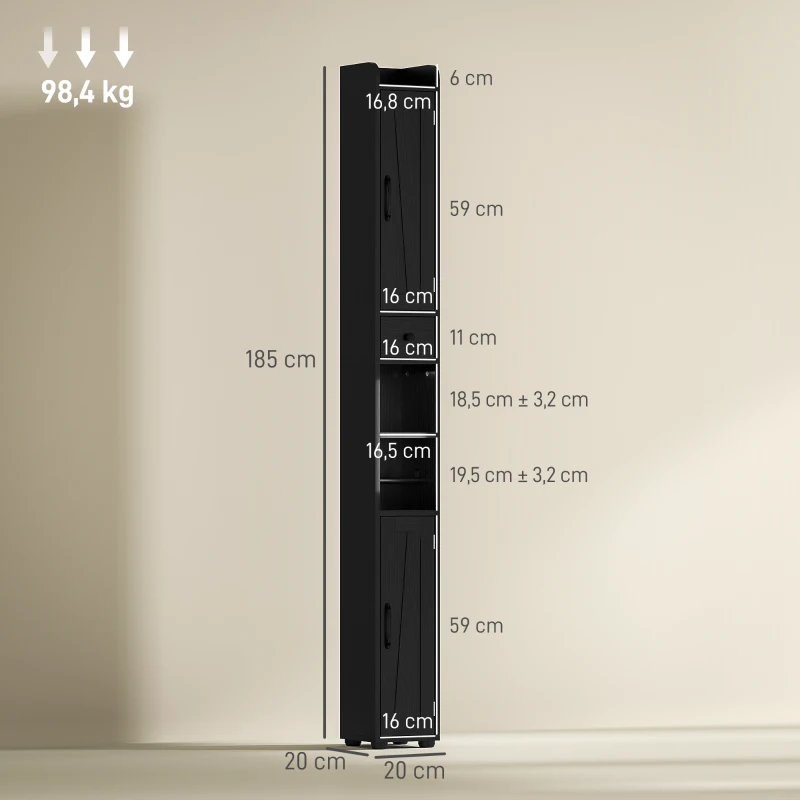 HOMCOM Columna de Baño con 2 Puertas Compartimento Abierto Estantes Ajustables y Portarrollos 20x20x185 cm Negro