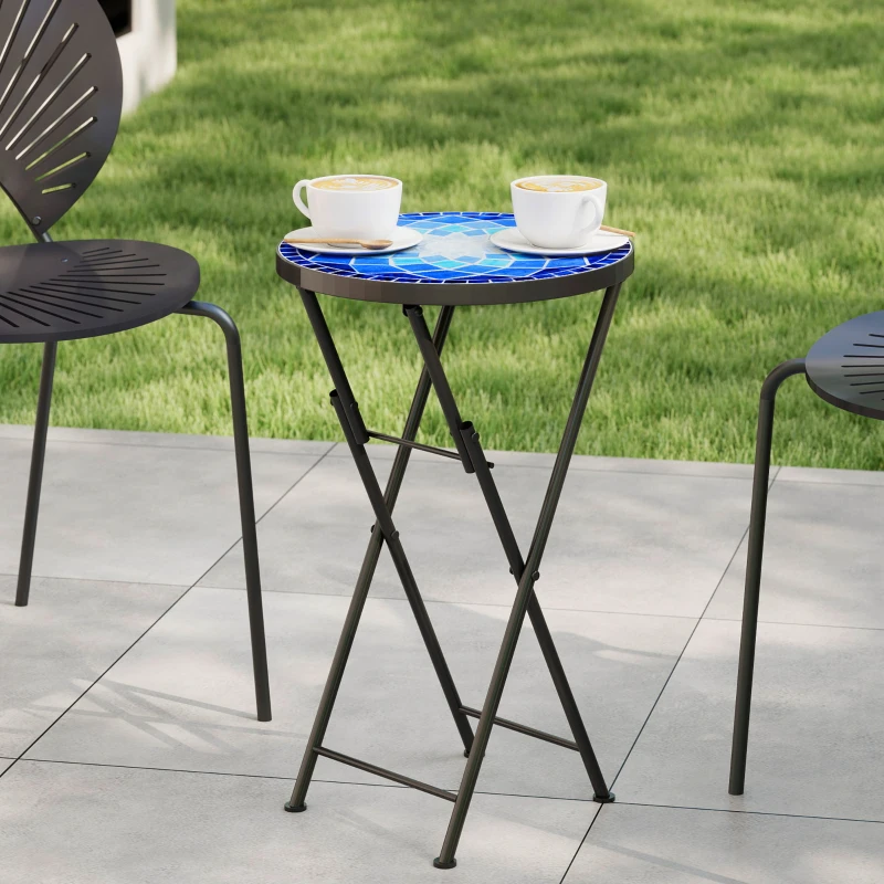Outsunny Mosaic Outdoor Garden Table, 35.5cm Round Folding Coffee Table with Metal Frame for Balcony Terrace, Navy Blue