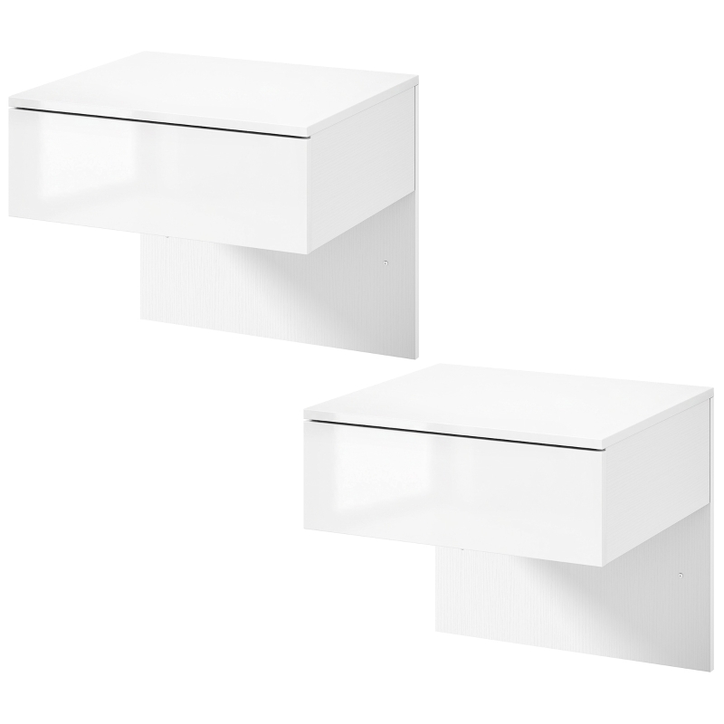 HOMCOM Juego de 2 Mesitas de Noche Flotantes con Cajón Montado en la Pared para Dormitorio 40x35x36,2 cm Blanco Brillo