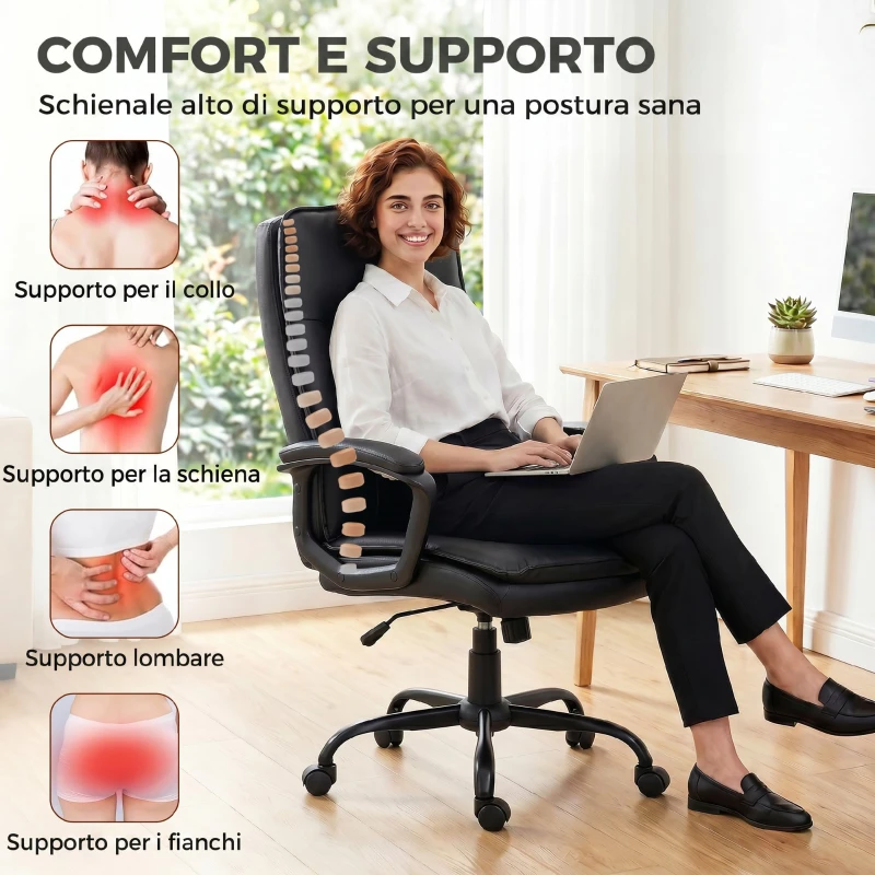HOMCOM Sedia Ufficio Girevole in Pelle PU, Funzione Dondolo, Schienale Alto, Altezza Regolabile, Capacità 120kg, Nero