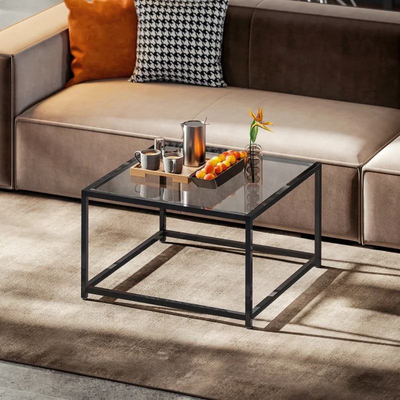 HOMCOM Beistelltisch Quadratisch Nachttisch mit Hartglas-Tischplatte, Couchtisch mit Beinen aus Stahl 68 x 68 x 39 cm Schwarz