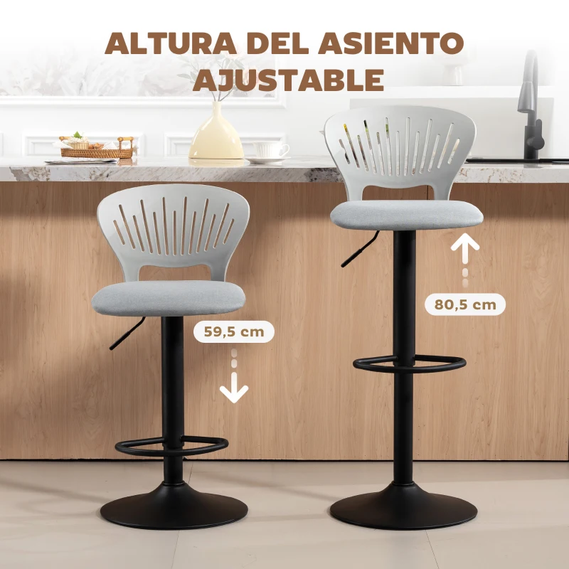 HOMCOM Juego de 2 Taburetes de Bar Giratorios en 360° Regulables en Altura de 84-105 cm Respaldo Hueco Reposapiés Gris