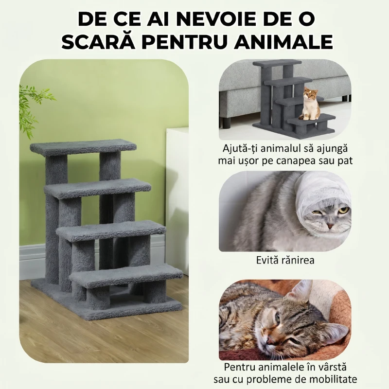 Scara PawHut pentru Câini și Pisici cu 4 Trepte și Înveliș din Pluș, 61x41x60 cm, Gri
