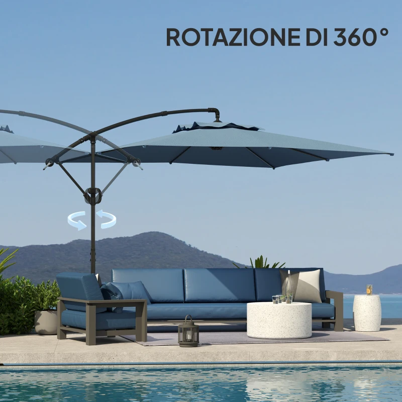 Outsunny Ombrellone Decentrato con Base e Croce, Prese d'Aria e Manovella, in Metallo e Poliestere, 3x3.25 m, Blu