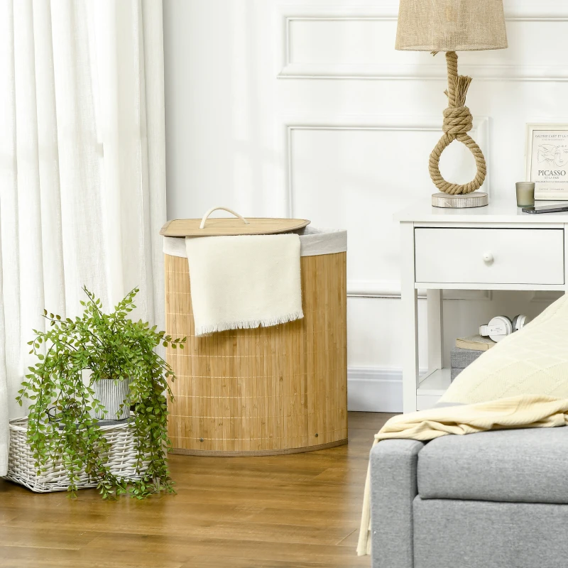 HOMCOM Panier à linge en bambou d'angle 55L avec couvercle et sac amovible 38 x 38 x 57 cm bois naturel