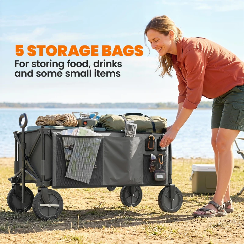 Outsunny Garden Trolley, Cargo Traile on Wheels, Folding Collapsible Camping Trolley, Outdoor Utility Wagon, Dark Grey