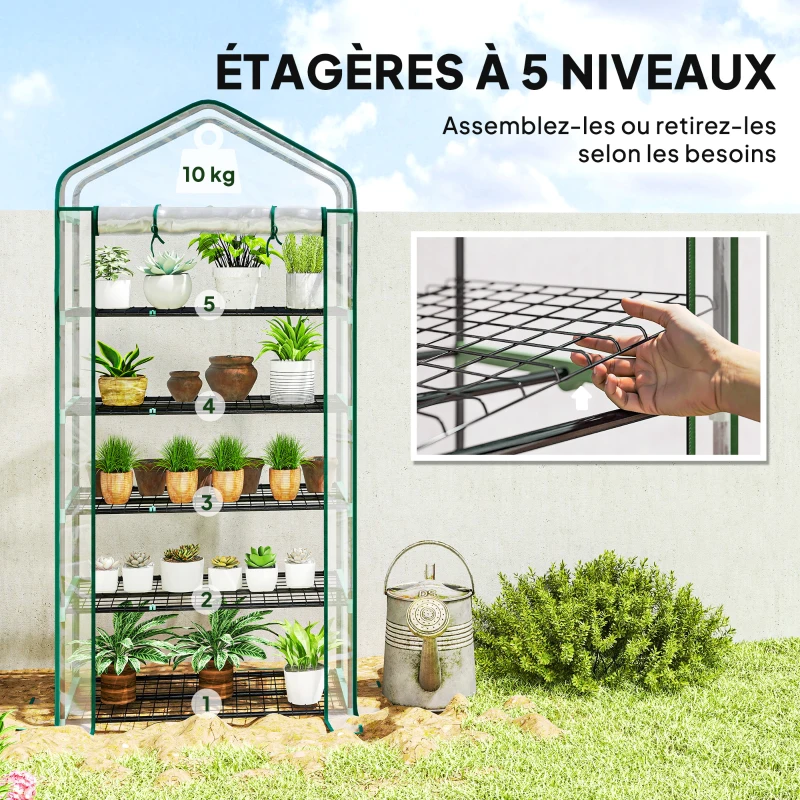 Outsunny Serre de jardin PVC avec étagères 5 niveaux, serre de balcon, châssis en acier, porte zippée, 90x49x193cm, transparent