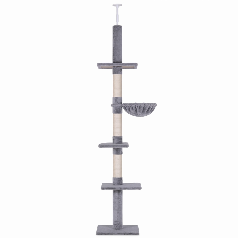 PawHut Albero Tiragraffi a 4 Livelli ad Altezza Regolabile, in Truciolato, Peluche e Sisal, 40x34x230-260 cm, Grigio