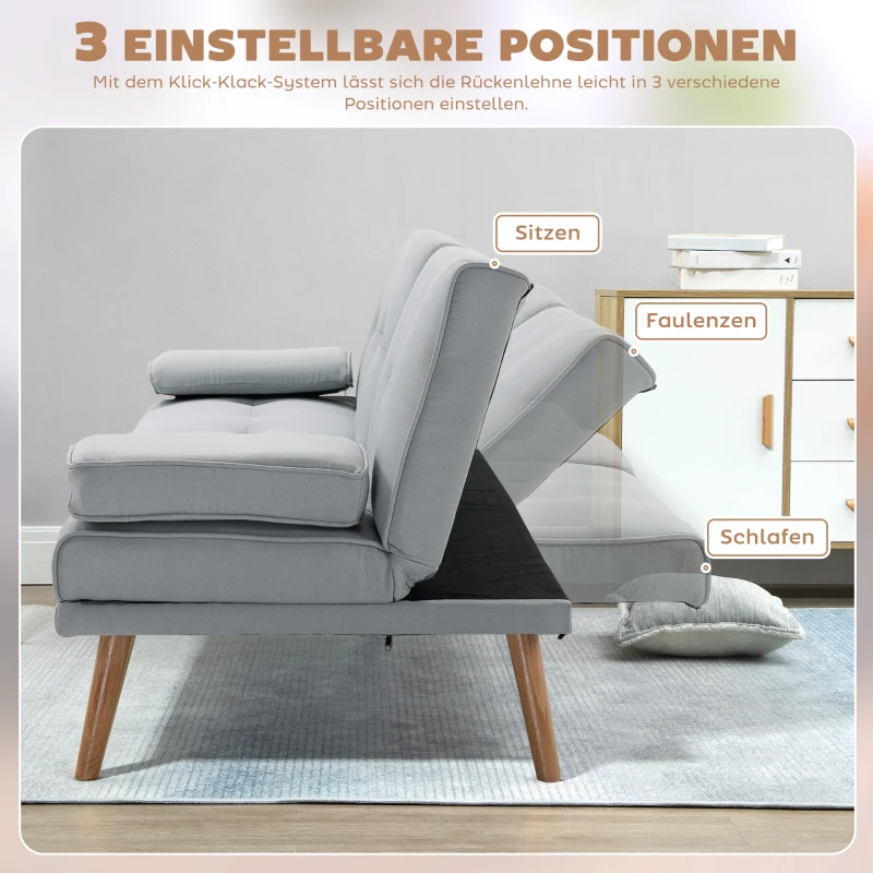 HOMCOM Schlafsofa, 3-Sitzer Sofa, Schlafcouch mit Klappbarem Tisch, Becherhalter, Bettsofa mit Leinenoptik, Couch Gästebet für Wohnzimmer, Hellgrau