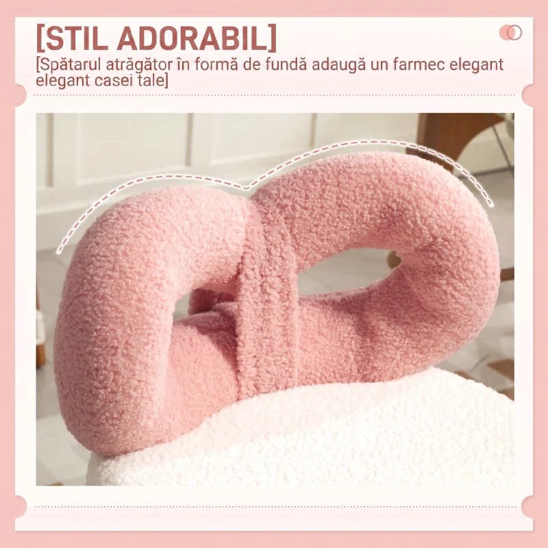 HOMCOM Scaun rotativ cu înălțime reglabilă, cu spătar curbat, din material Teddy, 50x50x63-77 cm, alb și roz