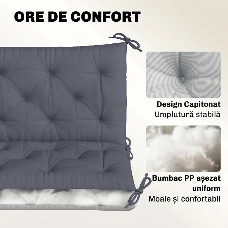 Outsunny Pernă de Grădină Modernă pentru Locuri de Ședere Exterioare cu 6 Curele, Pernă Exterioară Umplută cu Bumbac și Poliester, pentru Canapele, Balansoare, Bănci, 150x98x8 cm, Gri Închis