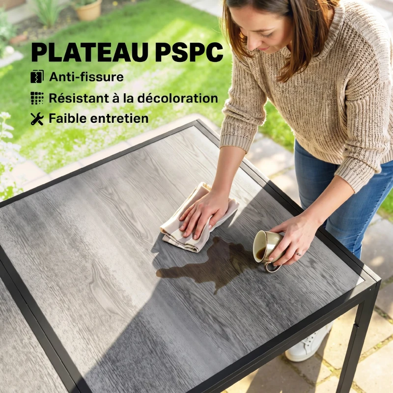 Outsunny Table de jardin pour 4 à 6 personnes, table à manger extérieure avec plateau à effet bois, 150 x 80 x 74 cm, gris