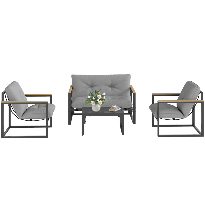 Outsunny Gartenmöbel Set 4 Personen wetterfest Balkonmöbel-Set mit 2er Sofa, Sessel Sitzkissen Hellgrau