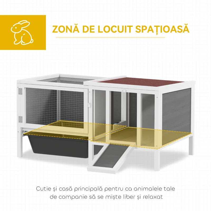PawHut Cușcă de Exterior pentru Iepuri cu Căsuță, Zonă de Joacă și Tavă, Cușcă din Lemn de Brad, Metal, PET și Acoperiș din Bitum, 105x57,5x51,5 cm, Multicolor