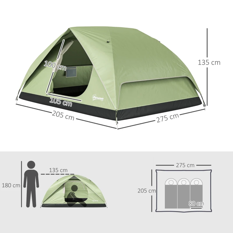 Outsunny Tenda da Campeggio per 3 Persone Impermeabile con Tasche, Gancio per Lanterna e Borsa di Trasporto, Verde