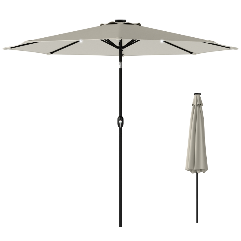 Outsunny 2.6 m Garden Parasol Umbrella with LED Solar Light, Parasol Cover, Outdoor Market Patio Umbrella, Light Grey