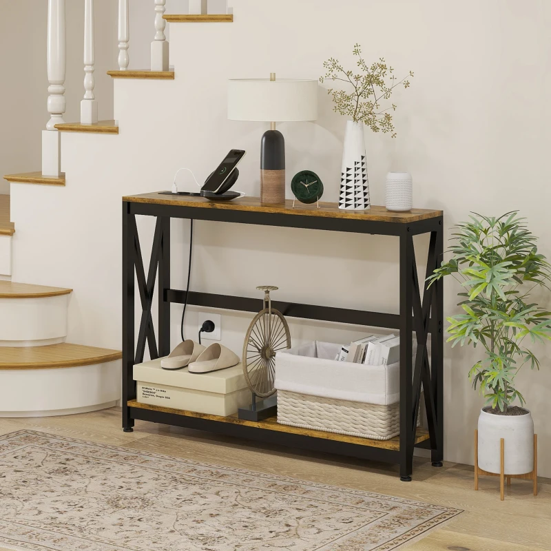 HOMCOM Mesa de Entrada de 2 Niveles con Estación de Carga 2 USB y Marco de Acero Mueble de Recibidor 100x24x75cm Marrón Rústico