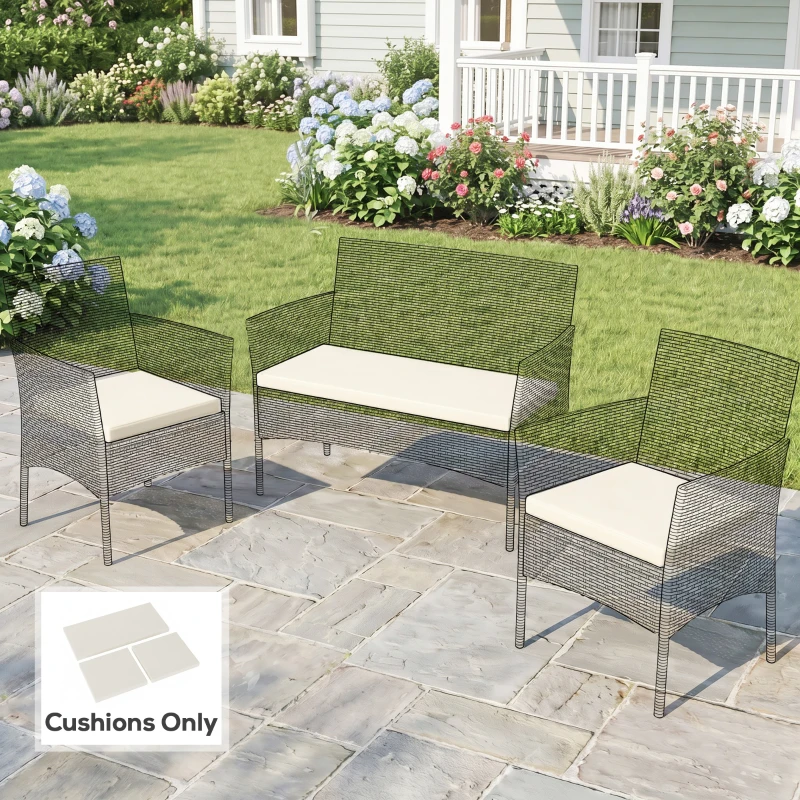 Outsunny Outdoor Seat Cushion Pads for Rattan Furniture, 3 PCs Garden Furniture Cushions, Cream White