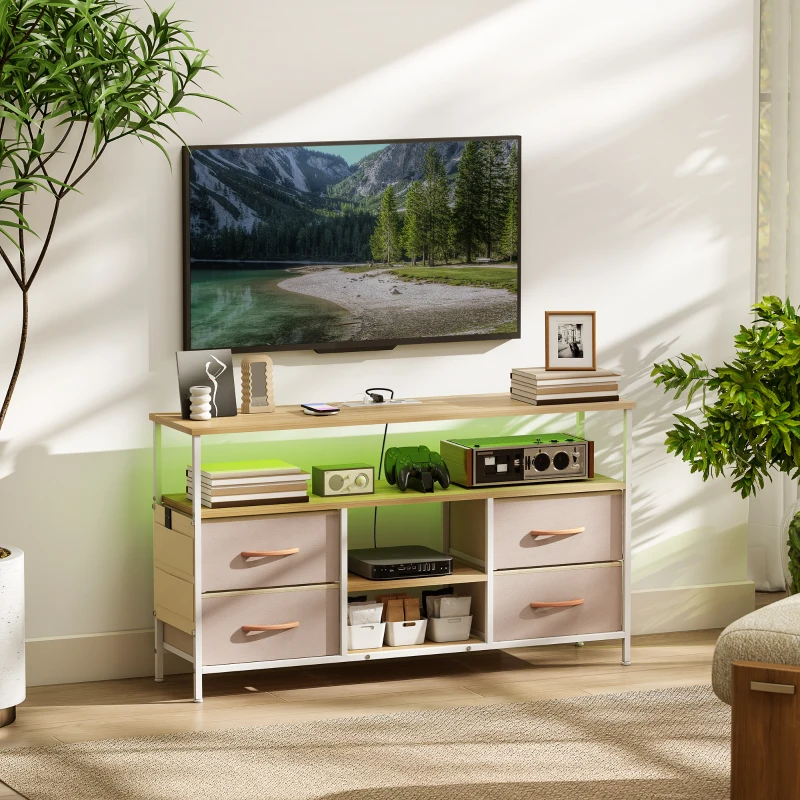 HOMCOM Mueble de TV con Luz LED y Enchufes Puertos USB Estantes Abiertos 4 Cajones plegables 120x30x67,5 cm Beige y Blanco