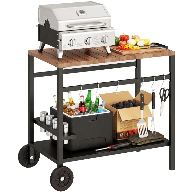 Outsunny Küchenwagen mit Rollen, Servierwagen, Rollwagen mit Haken, Getränkehalter, Metall, 97 x 51 x 83 cm Schwarz+Braun