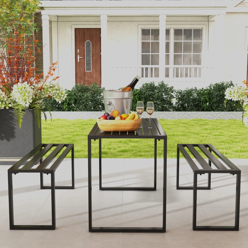 Outsunny Set da Pranzo Pic Nic 3 Pezzi 2 Panche 1 Tavolino per 4 Persone Metallo Nero