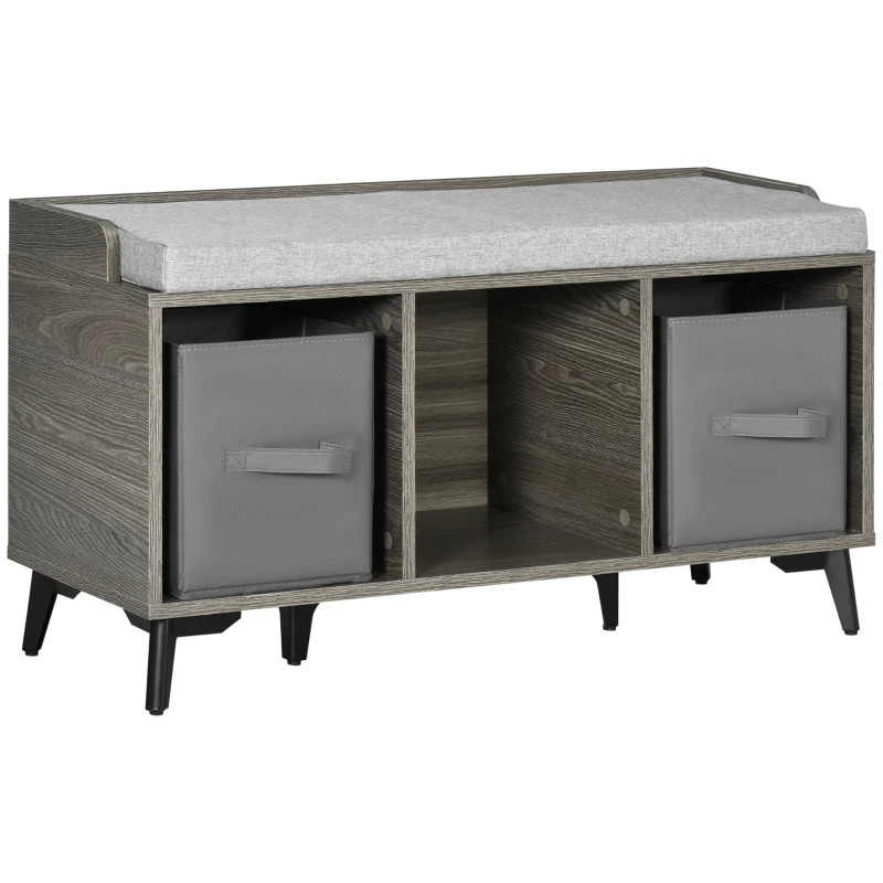 HOMCOM Banco Zapatero Tapizado Mueble Zapatero con Banco con 3 Compartimentos Abiertos y 2 Cajones de Tela 90x34x48 cm Gris