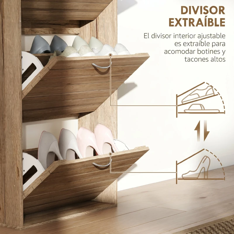HOMCOM Zapatero Estrecho con 3 Puertas Abatibles Zapatero Entrada Recibidor Estantes Ajustables para 12 Pares de Zapatos Roble