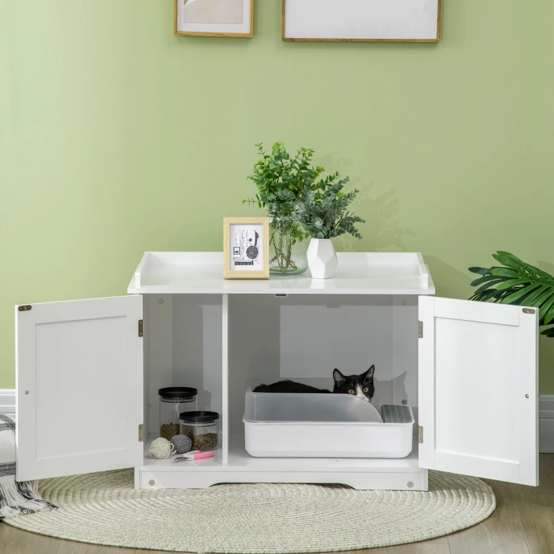 PawHut Mobile Lettiera per Gatti a 2 Ante con Divisorio Interno Regolabile, 86x48x52 cm, Bianco
