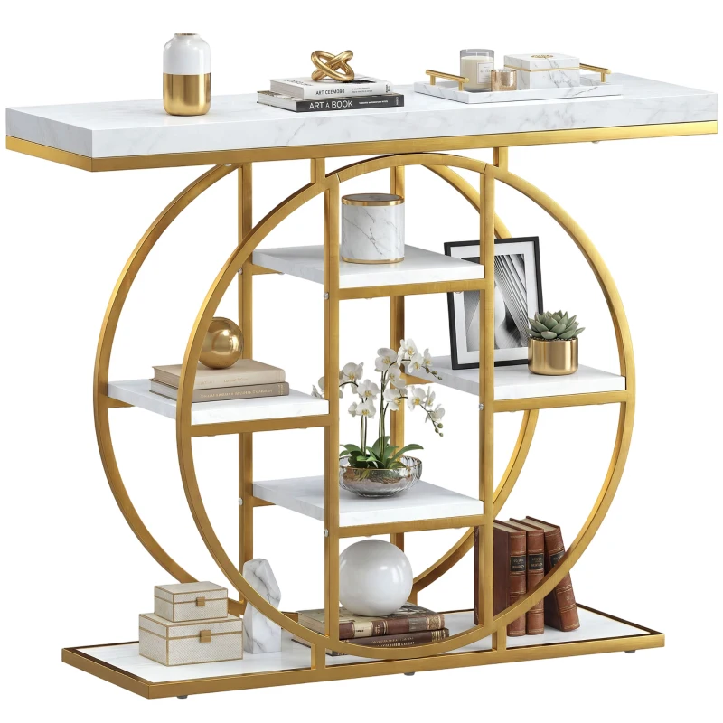 HOMCOM Masă consolă pentru hol Mobilier de intrare industrial 6 rafturi depozitare blat 4cm 100 x 30 x 81,5cm Alb
