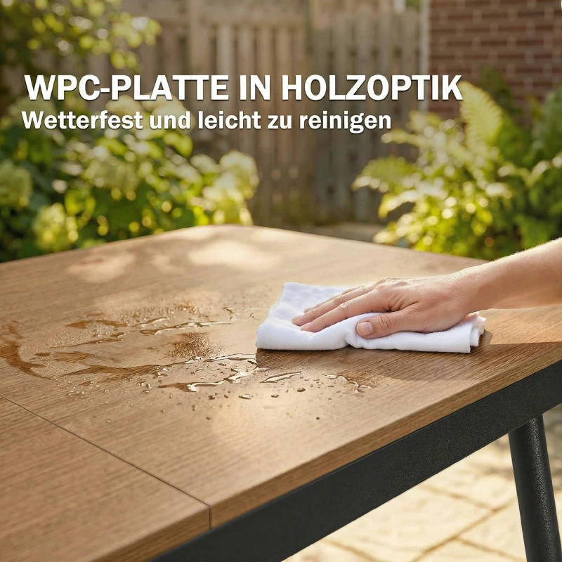 Outsunny Gartentisch 140 x 80 cm für 6 Personen rostbeständig Outdoor Esstisch mit WPC-Tischplatte Verstellbare Füße, Teak