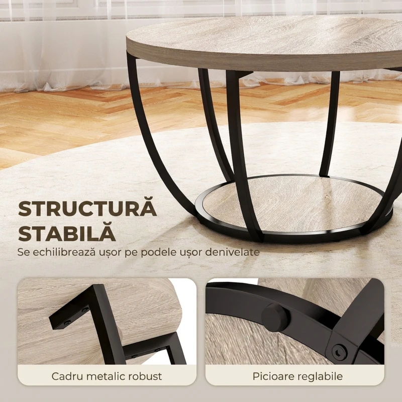 HOMCOM Măsuță de Cafea Rotundă cu 2 Rafturi, Picioare Metalice, Blat Gros, 80x80x43,8 cm, Finisaj Lemn Natur