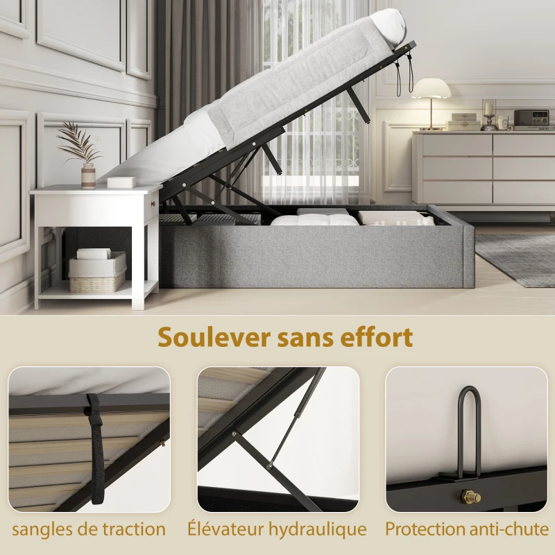 HOMCOM Lit coffre 140 x 190 cm, cadre de lit double rembourré, sommier à lattes en bois, rangement caché, sans bruit, gris