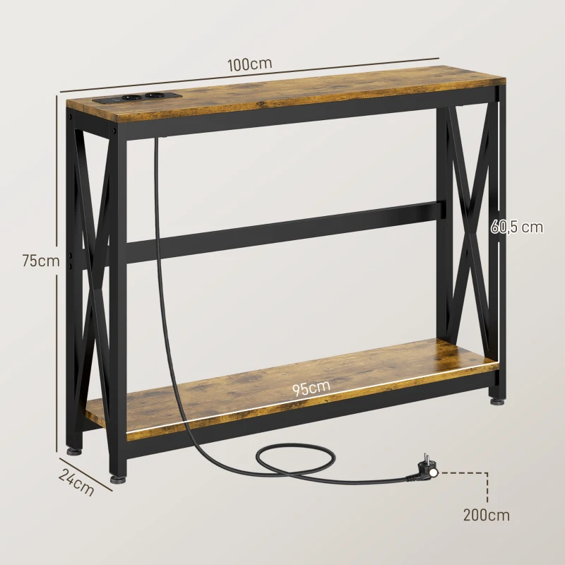 HOMCOM Consolle da Ingresso Stile Industriale con Prese di Corrente e USB, Legno e Acciaio, 100x24x75cm, Marrone